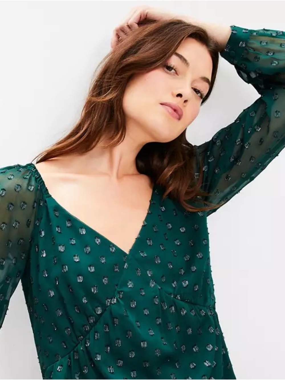 LOFT Emerald Green Sheer V-Neck Blouse with Metallic Dot Accents